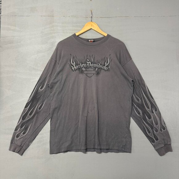 Vintage Harley Davidson Long Sleeve Flame Hit Grey Y2K Crazy Shirt Large - Picture 2 of 5